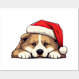 Christmas Peeking Akita Dog Posters and Art